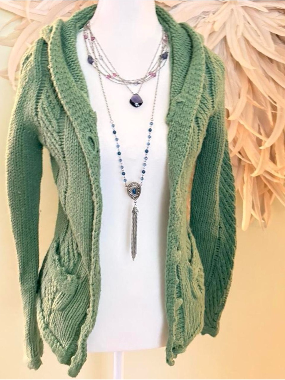 Vintage Light Green Cable Knit Hooded Cardigan